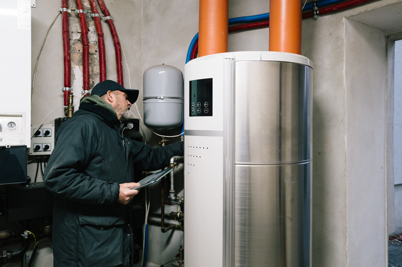 Plumber inspecting water heater